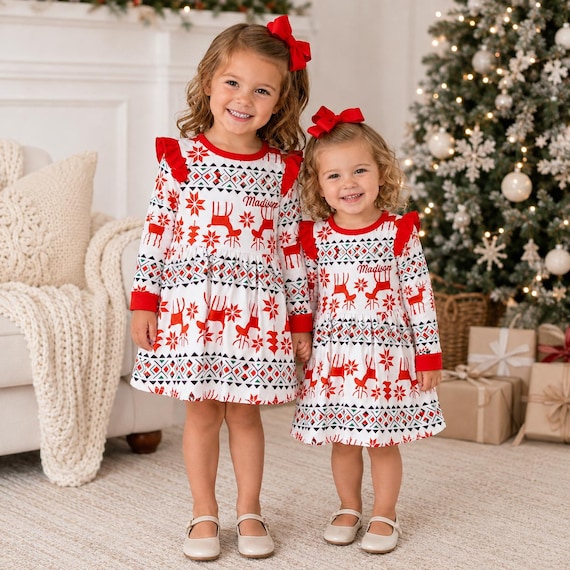 christmas dress names Personalized for Girls, Toddler Christmas Dress, Reindeer Holiday Dress, Baby Girl Xmas Outfit, Custom Name Dress casual christmas dress Long Sleeve Crystal Pearl nav-43 6 Years (130cm) 70 Suit Jacket Size/Waist Size:40/34