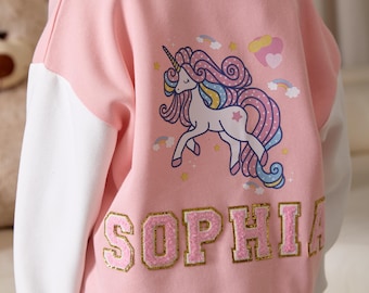 Personalized Kids Varsity Jacket: Custom Unicorn Bomber Coat