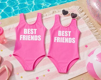 Personalized Kids Swimsuit One Piece,  Matching Best Friends Swimwear, Custom Text Swimsuit Girls, Birthday Outfit, Pool Party Outfit