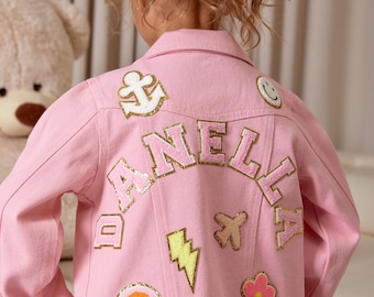 Kids denim jackets with patches, Custom Letter patches denim jackets, Birthday kids gifts, Child custom name denim Jacket with theme patch