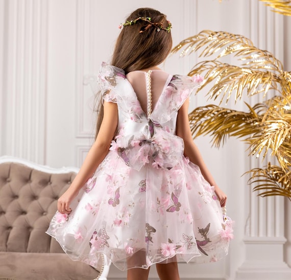 Floral 3D Tulle Flower Girl Dress: Butterfly Princess Ruffle Sleeves