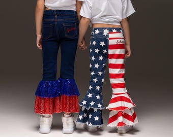 Girls' Patriotic Sequin Bell Bottom Jeans: 4th of July Flare Pants, Personalized