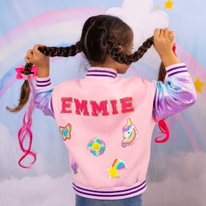 Custom Kids Unicorn Bomber Jacket: Personalized Name Varsity