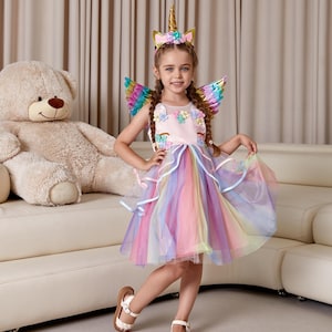 Magical Unicorn Tutu Dress for Kids with Wings, and Headband, Rainbow Unicorn Dress, Unicorn Birthday dress, Custom Dress, Unicorn Costume