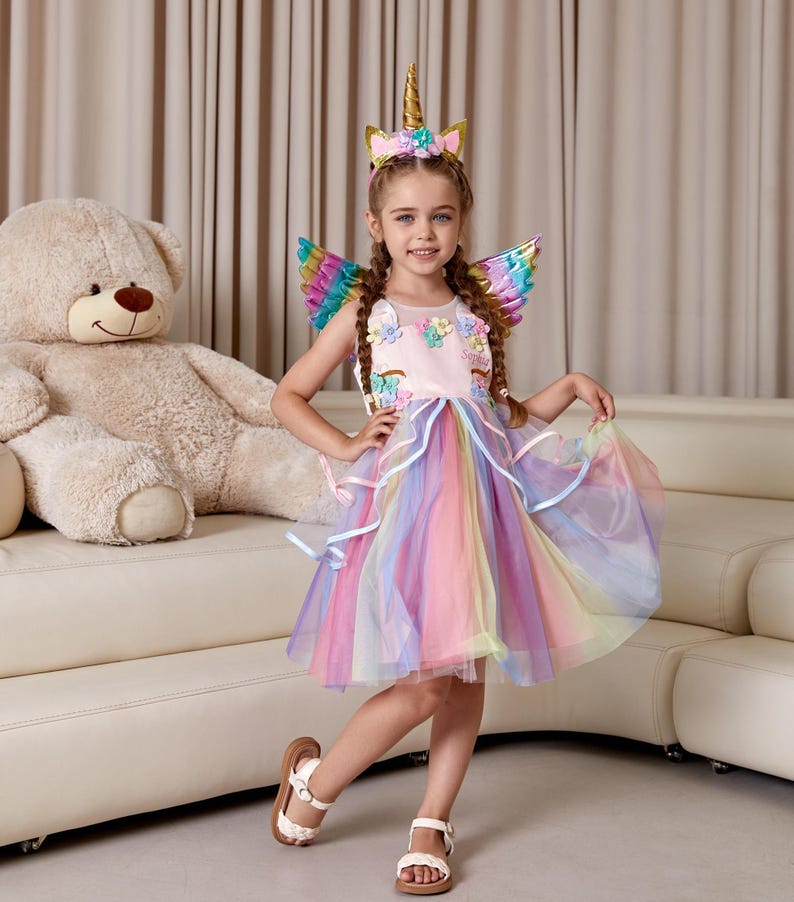 Magical Unicorn Tutu Dress for Kids with Wings, and Headband, Rainbow Unicorn Dress, Unicorn Birthday dress, Custom Dress, Unicorn Costume