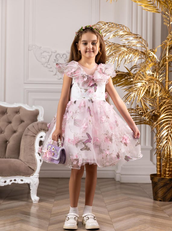 Butterfly Princess Tulle Dress: 3D Floral Ruffle Sleeve Spring Dress