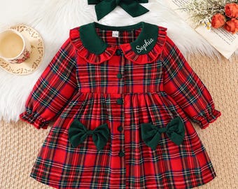 FÖRBESTÄLL! Personlig julklänning för flickor, tartanrutig klänning för småbarn, juloutfit för babyflicka, första julklänning