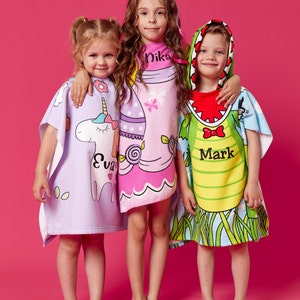Kids Personalized Hooded Beach Towels, Custom Baby Poncho Robe Bath Towel, Custom Kids Beach Towels with Hood, Kids Beach Towels