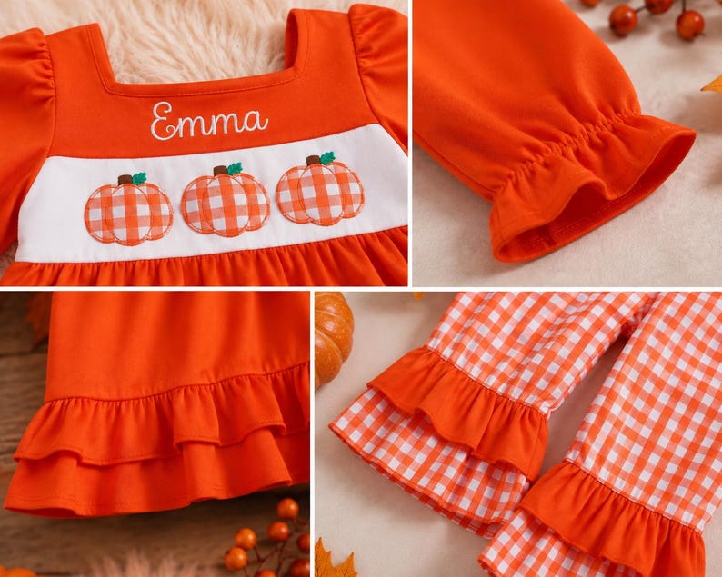 May include: An orange long-sleeve top featuring a white chest panel with three embroidered orange and white gingham pumpkins and the name Emma in white script. The garment includes ruffled sleeve cuffs and a double-tiered ruffled hemline.