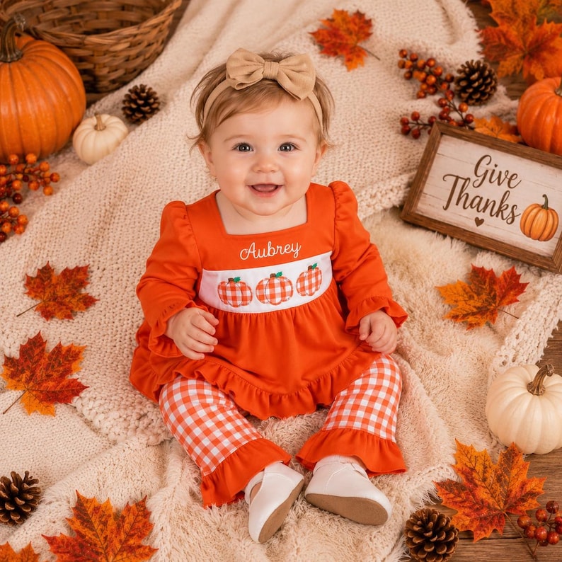 May include: A long-sleeved orange tunic with a square neckline and white panel featuring three embroidered orange gingham pumpkins and the name Aubrey, paired with orange and white gingham leggings with ruffled hems and a matching tan bow headband.