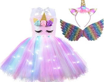 LED Unicorn Dress: Glowing Princess Costume with Wings Headband