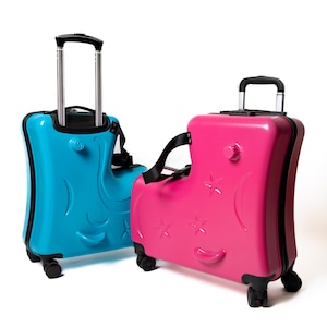 May include: Two colorful rolling suitcases. One is bright blue, the other is hot pink. Both have a whimsical design with curved lines and star and moon details. Each has a retractable handle and four wheels for easy transport.