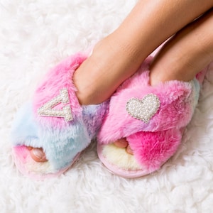 Personalized Kids Fluffy Slippers: Pearl Letter, Flower Girl Spa Slippers