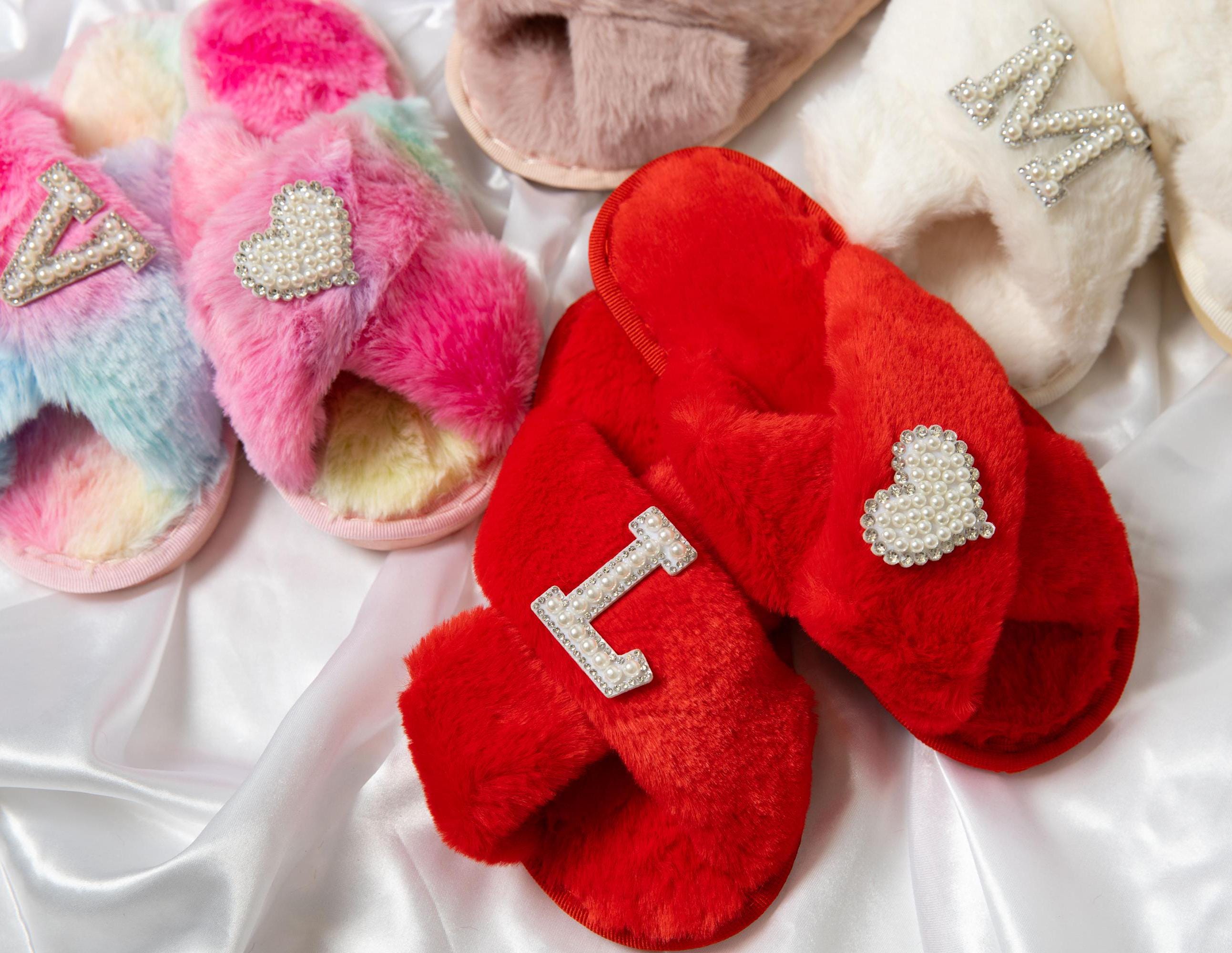 Personalized Kids Fluffy Slippers: Pearl Letter, Flower Girl Spa Slippers