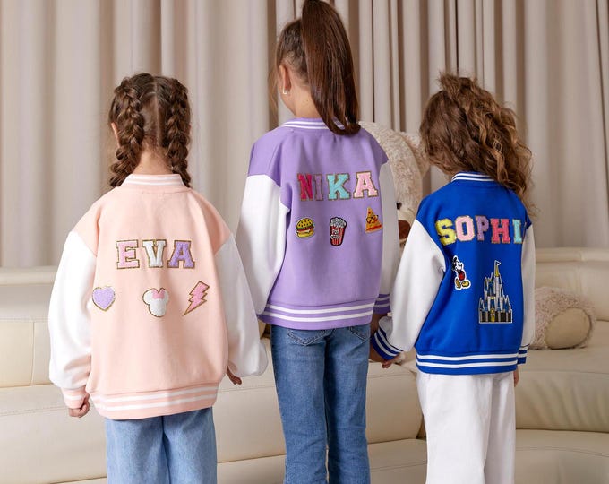 Personalized Kids Varsity Bomber Jacket: Unicorn Patches, Custom Name