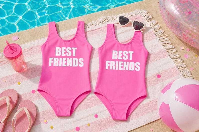 May include: Two bright pink swimsuits with the text "BEST FRIENDS" in white. The swimsuits are on a striped towel, with heart-shaped sunglasses, a beach ball, and a pink drink with a straw. The scene is set near a pool.