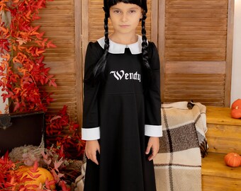 Custom Wednesday Addams Costume: Girls Halloween Black Dress