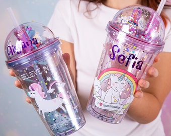 Gobelet licorne personnalisé : gourde personnalisée pour enfants, tasse à paillettes arc-en-ciel