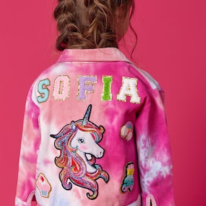 Custom Kids Unicorn Denim Jacket: Chenille Name Patch, Sequin Patches