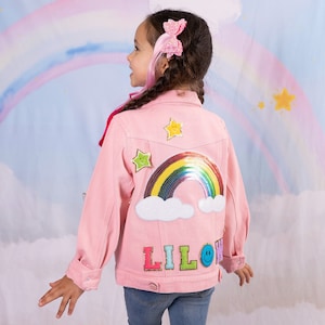 Custom Sequin Rainbow Jean Jacket, Custom Girls Toddler Chenille Name Patch Denim Jacket, Personalized Denim Jackets for kids, Custom Jacket