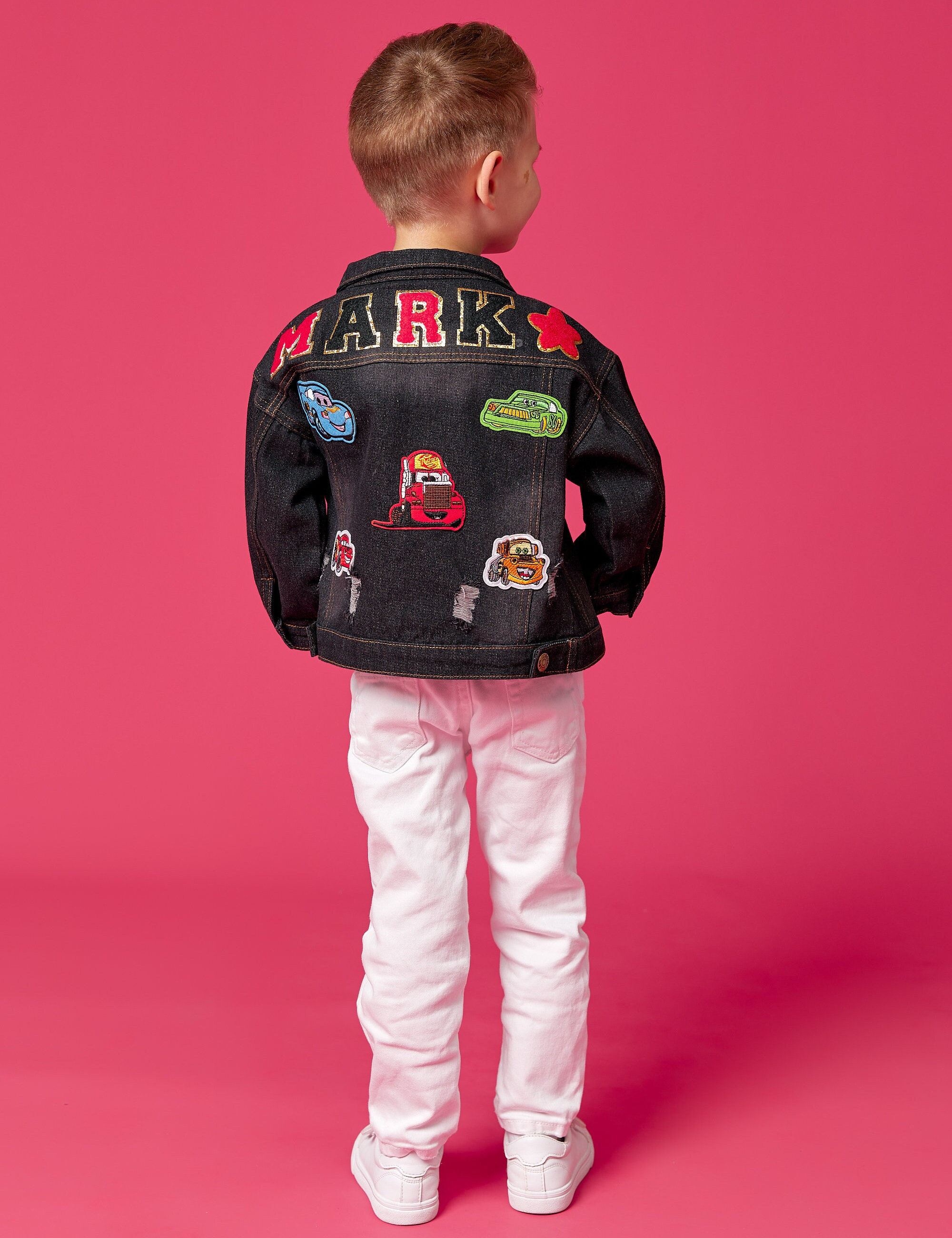 Boys Personalized Jacket, Custom Denim Jacket, Patches Name Jean Jacket, Birthday gift for Boys, Jacket with cars, Kids Personalized gift