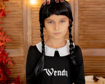 Custom Wednesday Addams Costume: Girls Halloween Black Dress
