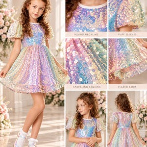 May include: A dress covered in iridescent, multi-colored sequins featuring a round neckline, short puff sleeves, and a flared skirt. The garment displays a shimmering, rainbow-like effect across the entire surface, with a white trim at the collar.