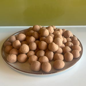 以下が含まれることがあります： 多数の丸い薄茶色の食品が盛られたお皿。食品は細かい粉末でコーティングされているように見え、お皿はまだら模様のニュートラルカラーです。背景は無地の明るい緑色です。