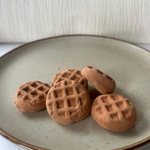 Könnte beinhalten: Eine Ansammlung von fünf kleinen, runden Tonobjekten in Terrakottafarbe, die jeweils ein texturiertes Gittermuster auf der Oberfläche aufweisen, das an eine Waffel erinnert. Diese kreisförmigen Gegenstände sind gruppiert und haben ein mattes Finish.