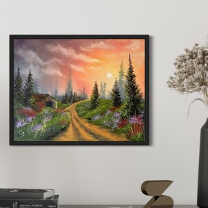 Sunset Forest Art Print: Vibrant Barn, Flowers, Dirt Road