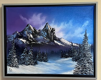 Peinture à l'huile encadrée Montagne enneigée, peinture originale 14 x 18", art mural amoureux de la nature, art encadré au pays des merveilles de l'hiver, art de la neige et des arbres