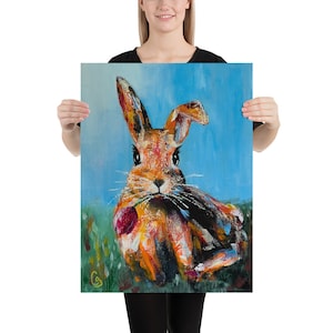 Entzückender Häschendruck, wunderliches Kaninchen mit Tulpenwandkunst, lebendiges Wohnkulturgeschenk, Kaninchenliebhabergeschenk, fröhliches Kaninchen-Einweihungsgeschenk