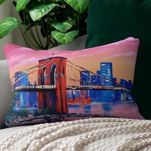 Brooklyn Bridge Lumbar Pillow: NYC Skyline Painted Cityscape (14x20&quot;)
