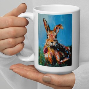 Der Becher des niedlichen Kaninchen-Liebhabers, glänzende Häschen-Keramik-Kaffeetasse, wunderliches Geschenk, buntes Häschengeschenk, doppelseitige Tasse mit Häschenkunst