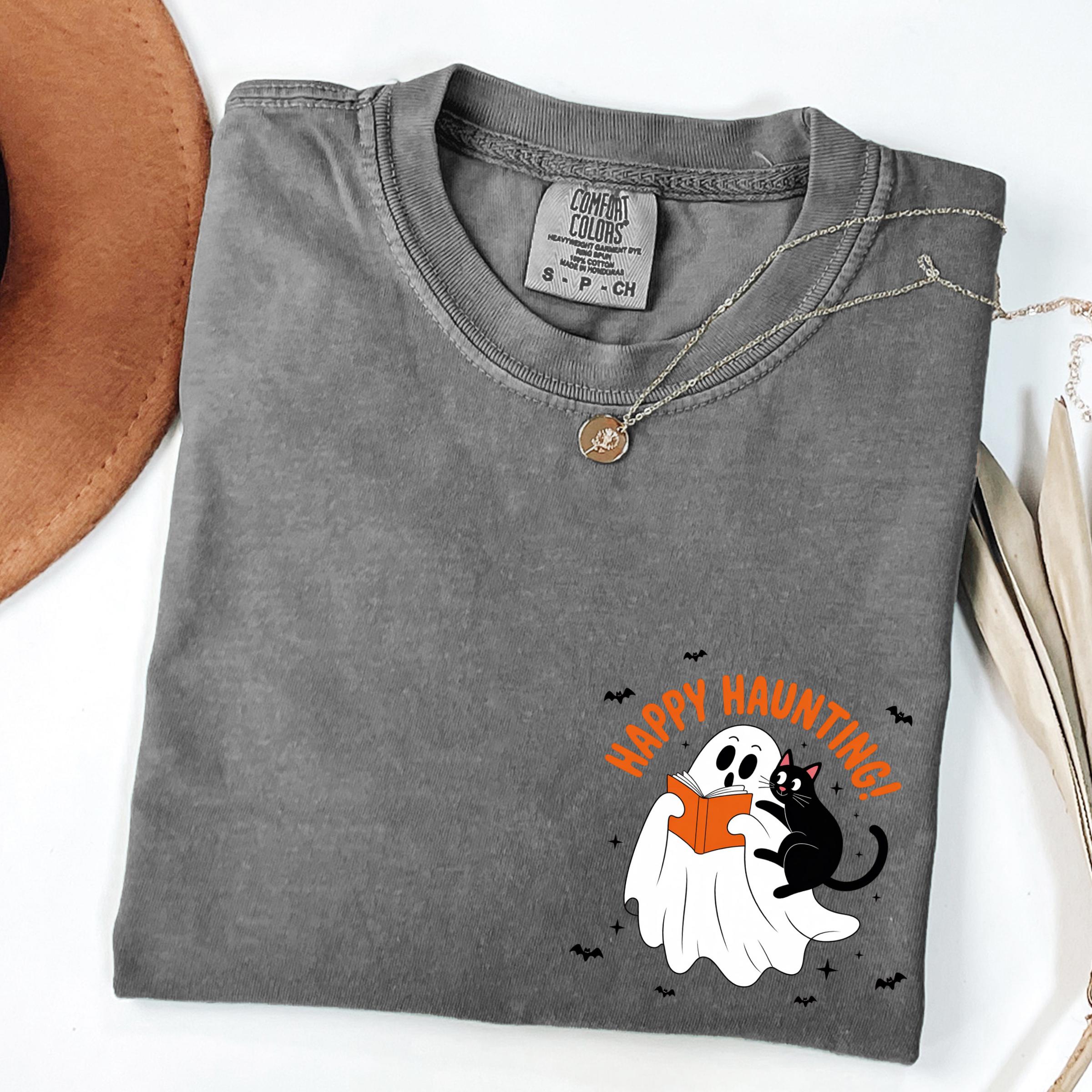Comfort Colors® Ghost Reading Books Shirt, Bookish Halloween Shirt, Happy Haunting Halloween Shirt, Halloween Book Lover Tee, Halloween Gift