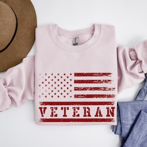 May include: A pink sweatshirt with a distressed American flag and the word "VETERAN" printed in red.