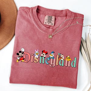 May include: A maroon Comfort Colors t-shirt featuring the word "Disneyland" in colorful letters with cartoon characters. A silver necklace with a pendant is draped across the shirt.