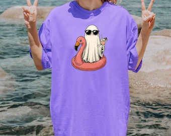 Comfort Colors® Summerween Ghost Shirt, Ghost Beach Shirt, Halloween Beach Shirt, Cute Ghost Flamingo Shirt, Halloween Summer Vibes Shirt