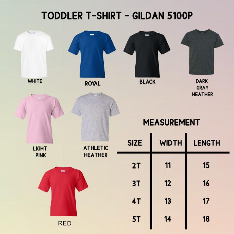 K&ouml;nnte beinhalten: Verschiedene T-Shirts f&uuml;r Kleinkinder in Farben wie Wei&szlig;, K&ouml;nigsblau, Schwarz und Dunkelgrau-Melange. Eine Gr&ouml;&szlig;entabelle zeigt die Ma&szlig;e in Zentimetern f&uuml;r Breite und L&auml;nge.