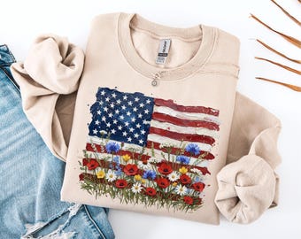 Floral American Flag Sweatshirt, Floral 4th of July Sweater, Independence Day Shirt, American Gift