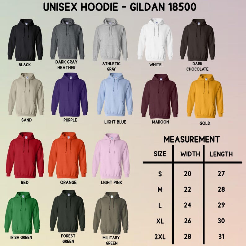 K&ouml;nnte beinhalten: Produktbild mit Unisex-Hoodies in verschiedenen Farben wie Schwarz, Grau, Wei&szlig; und Rot. Eine Ma&szlig;tabelle mit Gr&ouml;&szlig;en von S bis 2XL, mit Breiten- und L&auml;ngenma&szlig;en in Zentimetern, ist ebenfalls abgebildet.