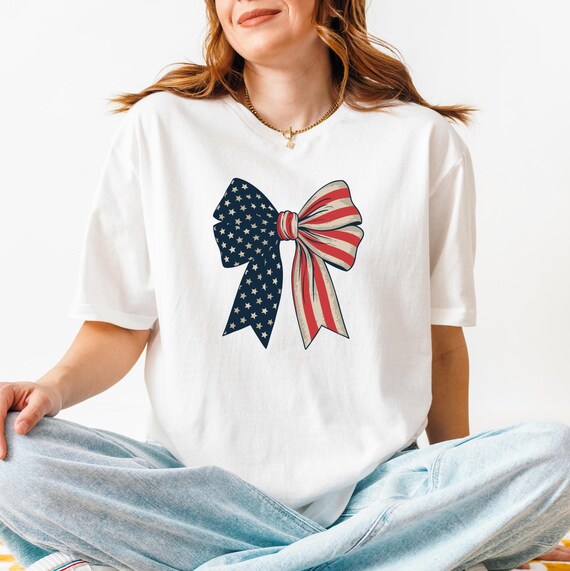 American Flag Bow Shirt, American Flag Shirt, American Girl Tee, American Gift, Retro 4th of July Tee, USA Retro Bow Tee, Patriotic Shirt