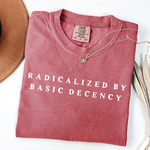 May include: A dusty rose Comfort Colors t-shirt with the phrase "RADICALIZED BY BASIC DECENCY" in white block letters. A gold pendant necklace and a brown hat are also visible.
