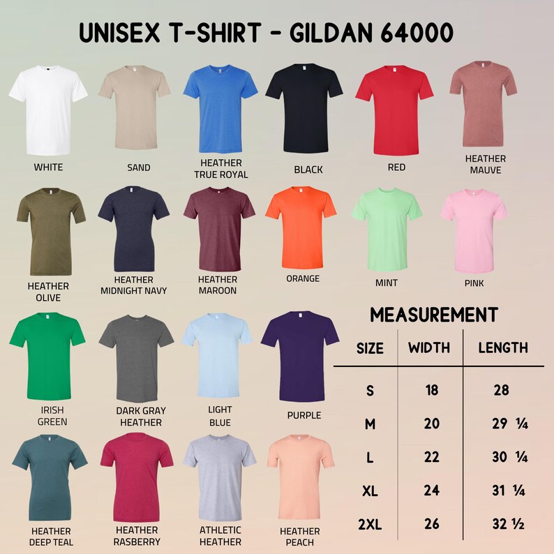 K&ouml;nnte beinhalten: Eine Auswahl an Gildan 64000 Unisex-T-Shirts in verschiedenen Farben, darunter Wei&szlig;, Schwarz und Rot. Das Bild enth&auml;lt eine Gr&ouml;&szlig;entabelle von S bis 2XL. Die Breiten variieren von 45,7 cm bis 66 cm, und die L&auml;ngen von 71,1 cm bis 82,6 cm.