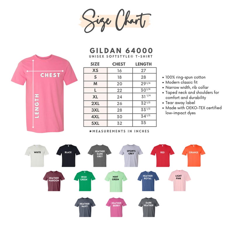 Pode incluir: Tabela de tamanhos para t-shirts unissex Gildan 64000 Softstyle. A tabela mostra as medidas de peito e comprimento em polegadas para os tamanhos XS a 5XL. A tabela tamb&eacute;m inclui detalhes sobre o material e as caracter&iacute;sticas da camiseta, como 100% algod&atilde;o ring-spun, caimento cl&aacute;ssico moderno, gola e ombros com fita e etiqueta destac&aacute;vel.