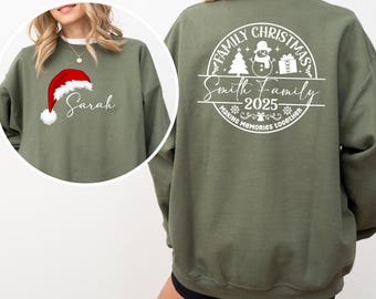 Custom Christmas Crew Sweatshirts, Personalized Matching Family Shirts, Xmas Pajamas Top, Santa Hat Name Hoodies, Front and Back Matching