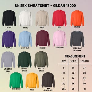 K&ouml;nnte beinhalten: Eine Auswahl an Gildan 18000 Unisex-Sweatshirts in verschiedenen Farben, darunter Schwarz, Wei&szlig; und Rot. Das Bild enth&auml;lt eine Gr&ouml;&szlig;entabelle von S bis 2XL. Die Breiten reichen von 50.8 cm bis 71.1 cm, die L&auml;ngen von 68.6 cm bis 78.7 cm.