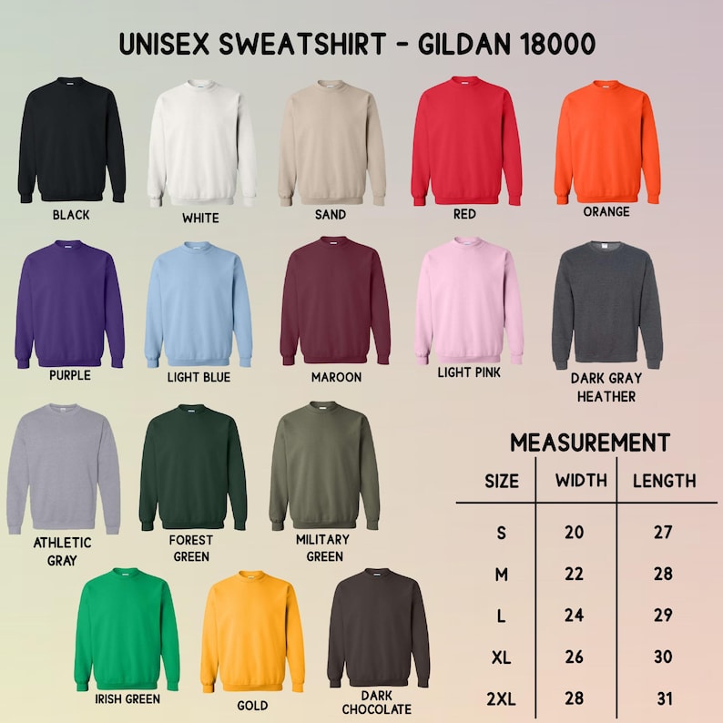 K&ouml;nnte beinhalten: Eine Auswahl an Gildan 18000 Unisex-Sweatshirts in verschiedenen Farben, darunter Schwarz, Wei&szlig; und Rot. Das Bild enth&auml;lt eine Gr&ouml;&szlig;entabelle von S bis 2XL. Die Breiten reichen von 50.8 cm bis 71.1 cm, die L&auml;ngen von 68.6 cm bis 78.7 cm.
