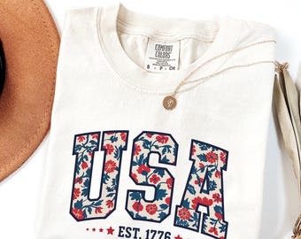 Comfort Colors® Floral USA Shirt, USA Est 1776 Shirt, Floral Patriotic Shirt, American Girl Shirt, 4th of July Shirt, Patriotic Women Shirt