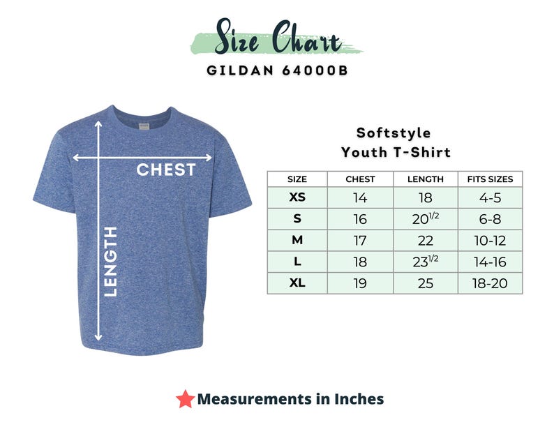 Pode incluir: Tabela de tamanhos para a camiseta juvenil Softstyle Gildan 64000B. A tabela mostra as medidas de peito e comprimento em polegadas para os tamanhos XS, S, M, L e XL. Tamb&eacute;m s&atilde;o indicados os intervalos de idade correspondentes.
